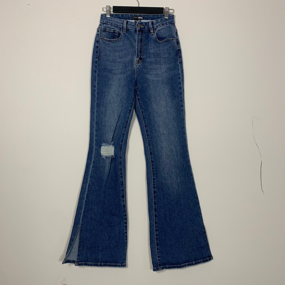 FN High Rise Flare Jeans Womens 5 Blue Distressed Side Slit Streetwear